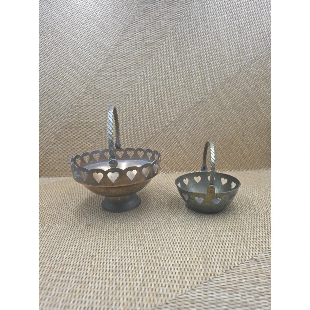 2 Vintage Brass Heart Cutout Candy Nut Bowls Set Pedestal & Handled Basket Decor